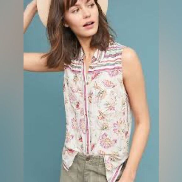 Anthropologie Akemi + Kin Ira Sleeveless Contrast Print Button Up Blouse - Picture 1 of 15